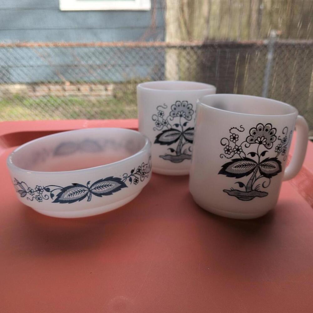 MCM Vintage Glasbake Blue Onion Floral Milk Glass Stackable Mugs and Bowl Set
